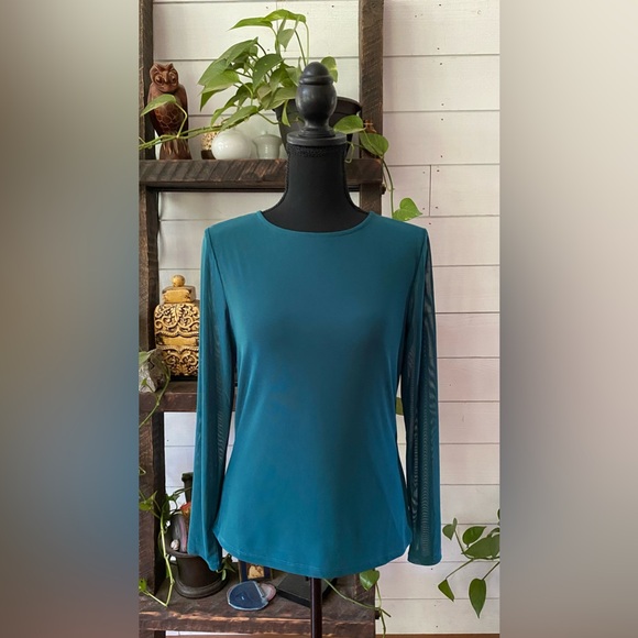 Kaileigh Tops - Kaileigh: Green Teal Stretchy Long Sleeve Women's Top With Outer Lace Shell